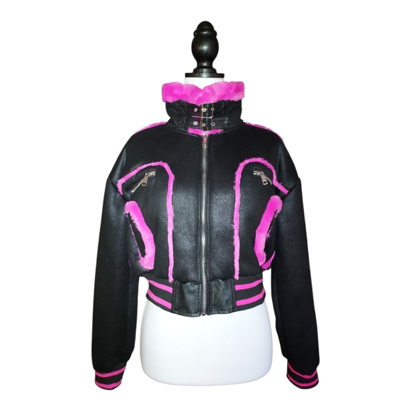 B. Coature NWT Black & Hot Pink Faux Fur Cropped Bomber Moto Jacket Size L - Picture 2 of 8
